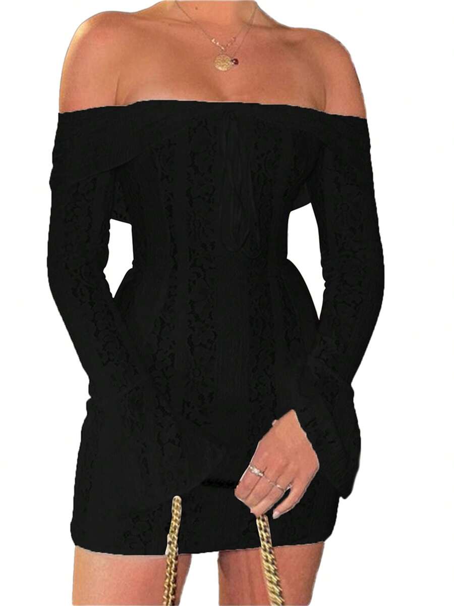 Experience ultimate elegance and charm with our Floral Off-Shoulder Lace Dress. The slim fit and intricate lace detail accentuate your curves, while the off-shoulder design adds a touch of romance. Complete with a delicate bow, this dress is perfect for any special occasion. (Warning: may cause excessive head-turning and compliments!)