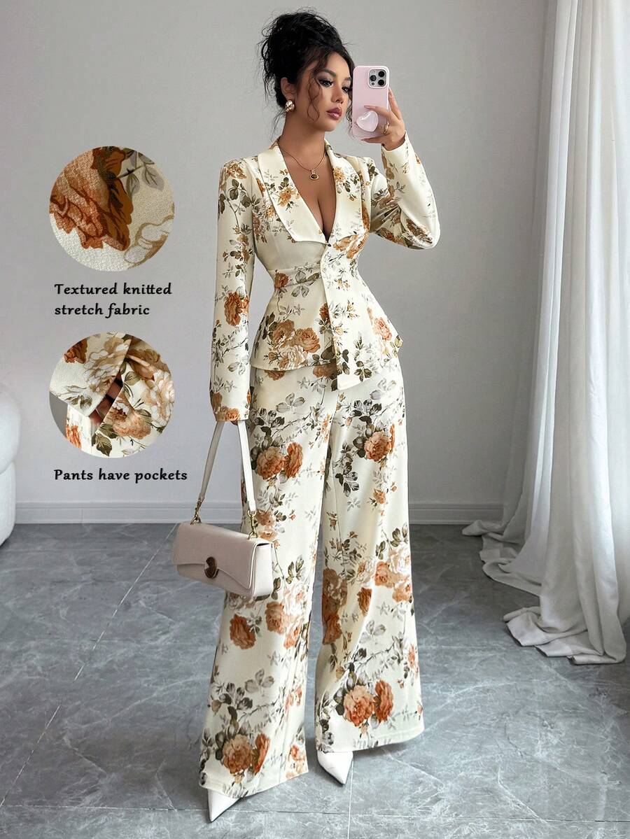 Bloom into effortless style with this charming two-piece set! The floral print blazer cardigan brings a pop of botanical beauty to your wardrobe, while the flowing wide-leg pants create a silhouette that's both comfortable and chic. Perfect for those transitional seasons when you want to look put-together without trying too hard, this set strikes the ideal balance between casual and polished. Layer it, dress it up, or keep it relaxed—this versatile pairing is your new go-to for spring strolls and autumn adv