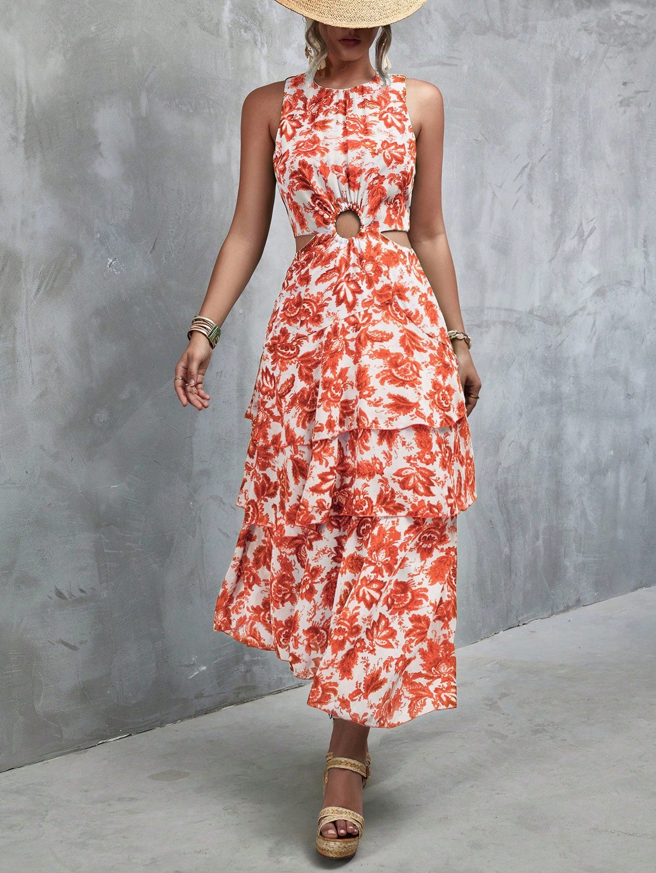 Floral Print Chiffon Dress with Ring-Linked Cut-Out and Layered Hem – – Canary Houze