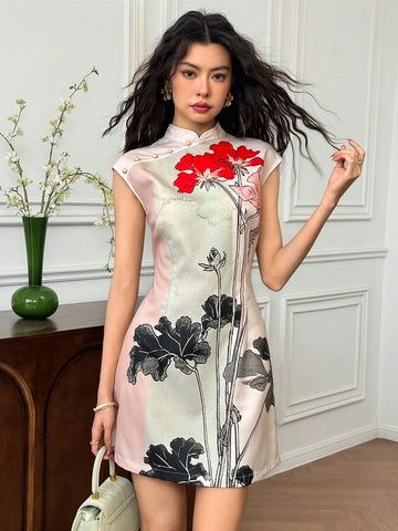 Step into charm and grace with this Floral Print Chinese Style Mini Dress. Featuring flutter sleeves and a classic cheongsam collar, it blends traditional elegance with a flirty, playful vibe. The vibrant floral pattern adds a fresh pop of color, making it perfect for sunny days or festive nights. Its mini length keeps things light and fun, letting you twirl with ease wherever you go.