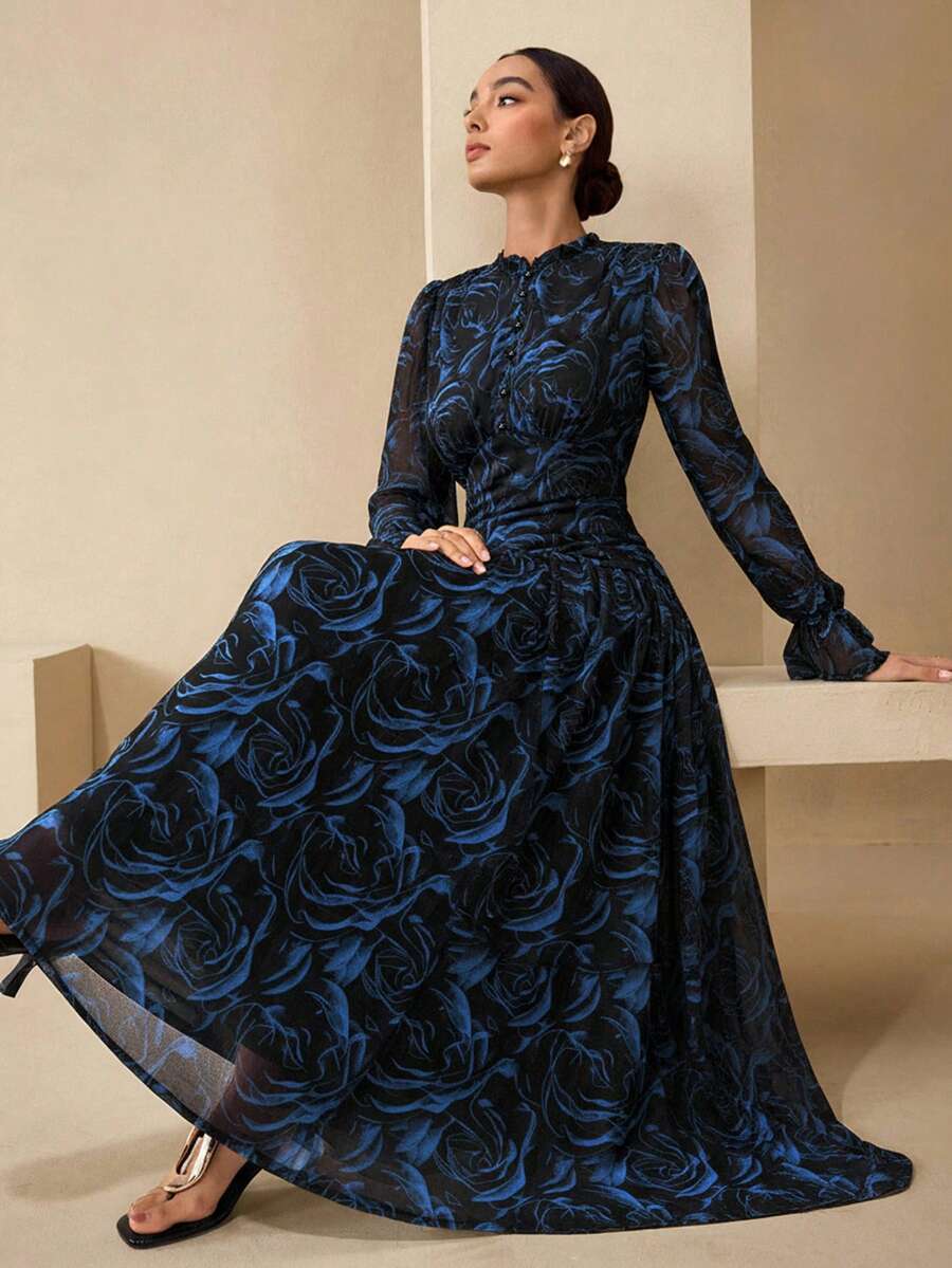 Twirl into any room in this gorgeous floral chiffon dress that's equal parts elegant and fun. The fitted silhouette flatters your figure while delicate ruffle sleeves add a touch of whimsy and movement. Crafted from lightweight chiffon, it's breathable enough for all-day wear—whether you're heading to brunch, a garden party, or a night out. The vibrant floral print brings instant charm and pairs beautifully with your favorite accessories. Comfortable, stylish, and endlessly versatile, this dress is your new