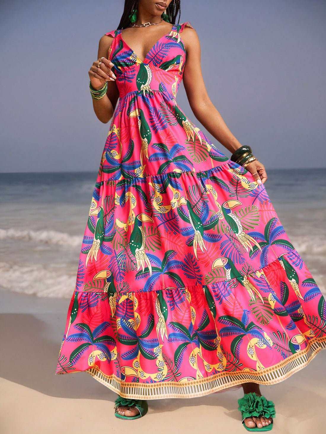 Effortlessly flaunt your style with this stunning Floral Print Long Dress. Its cap sleeves and V-neck add a touch of femininity, while the pink color and floral print exude a playful charm. Perfect for any occasion, this dress promises to make you stand out with its effortless style.