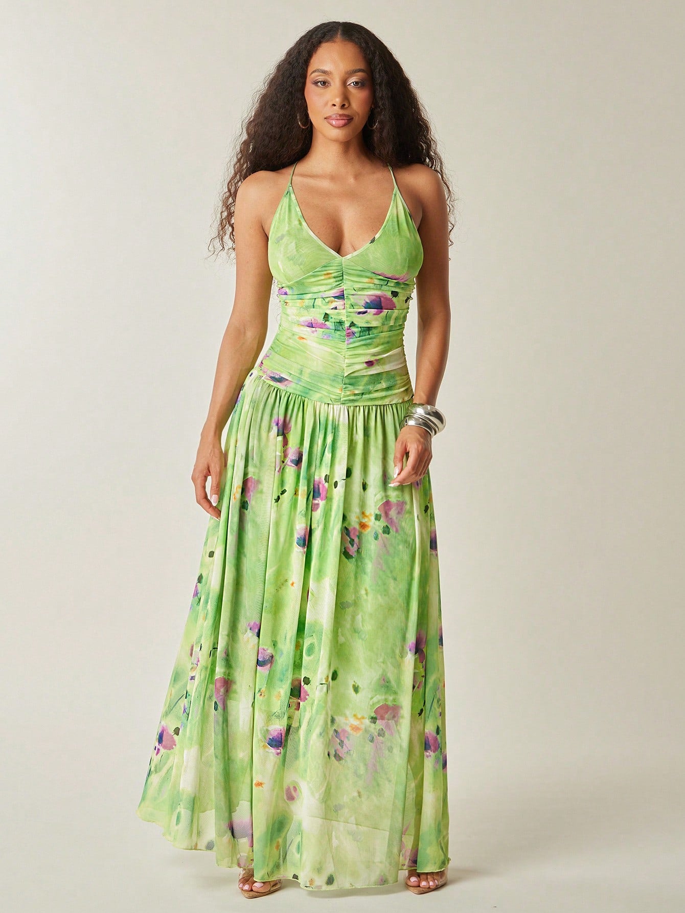 chinese dress ladies Floral Print Mesh Maxi Dress with Ruched Drop Waist and Open Back
