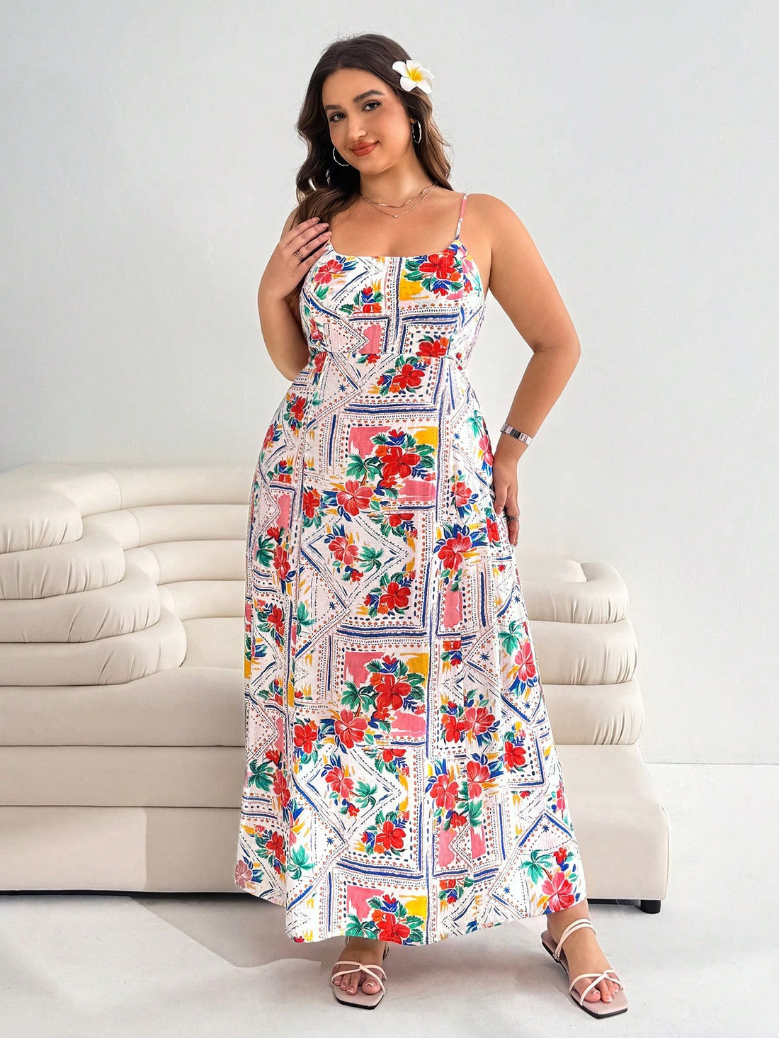 Step into spring and summer with this playful plus size sleeveless dress, featuring a vibrant floral print that brightens any day. The adjustable waist lets you customize your fit for comfort and style, while the hidden zipper ensures a smooth silhouette. Perfect for sunny outings or casual gatherings, this dress combines ease and elegance effortlessly.