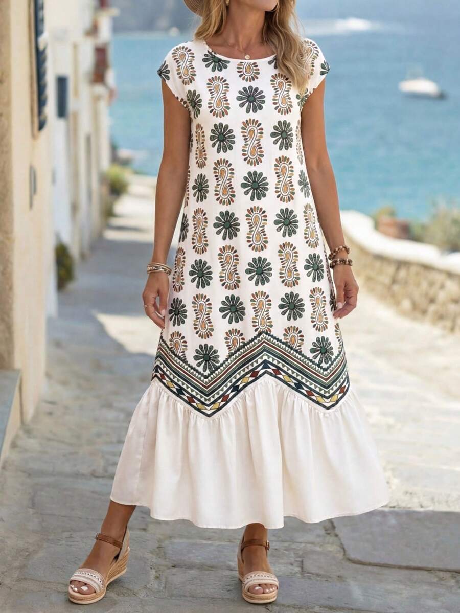 Ivory multicolor boho print smock dress front view
