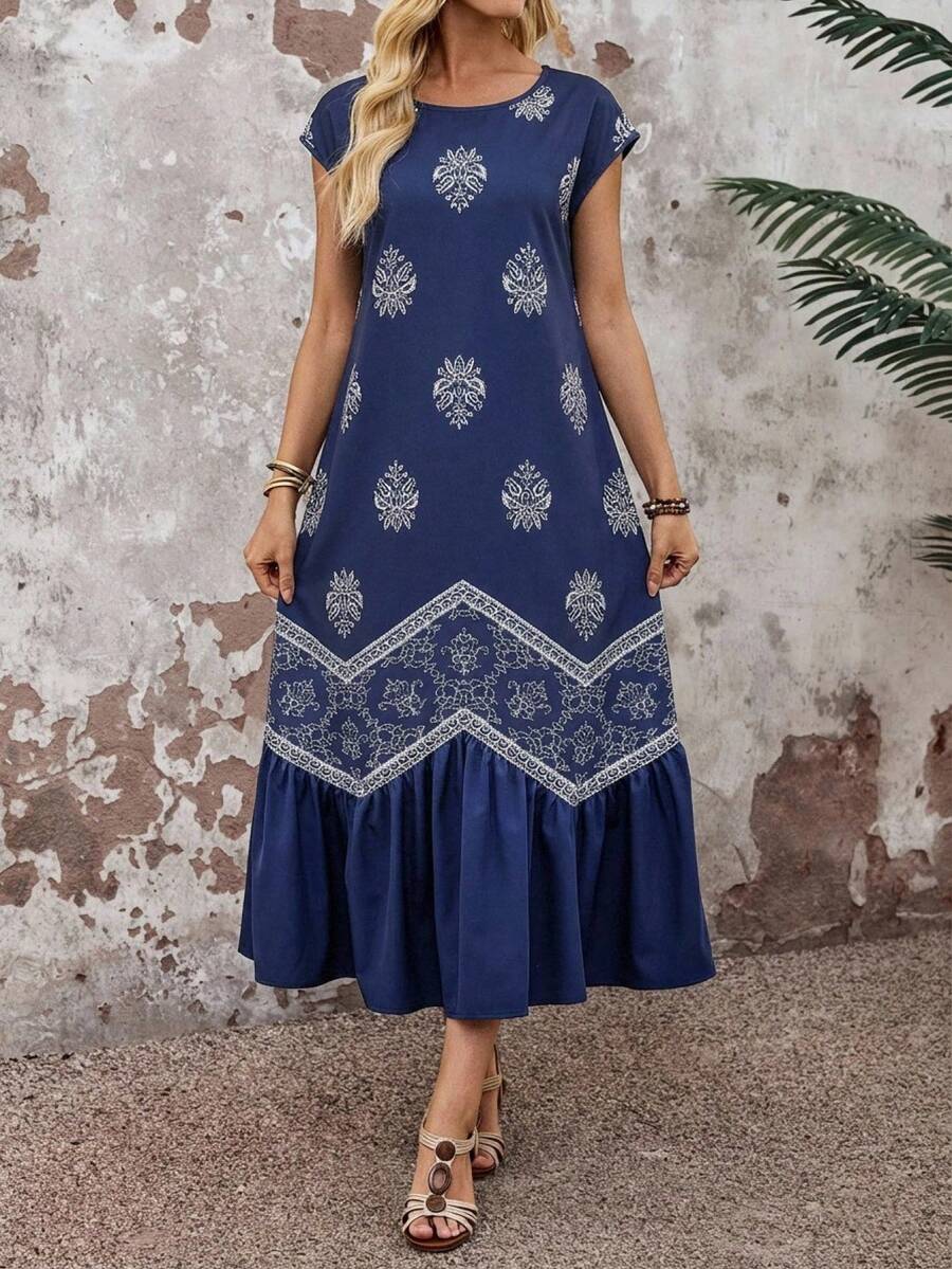 Navy medallion print boho smock maxi dress front view