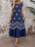 Navy medallion print boho smock maxi dress front view
