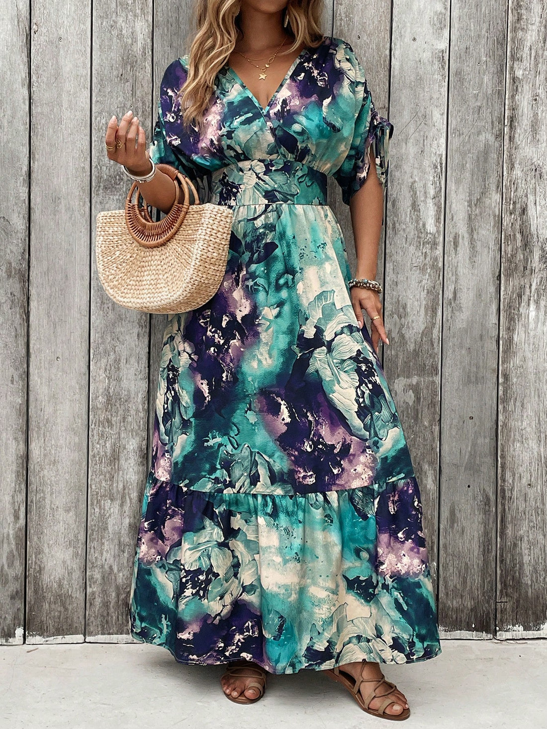 Embrace your curves in this playful floral V-neck batwing dress! The breezy silhouette flatters your figure while the vibrant print turns heads at summer parties and vacation getaways. Effortlessly transition from beach days to dinner dates with this versatile plus-size stunner that combines comfort and style in one fabulous package.
