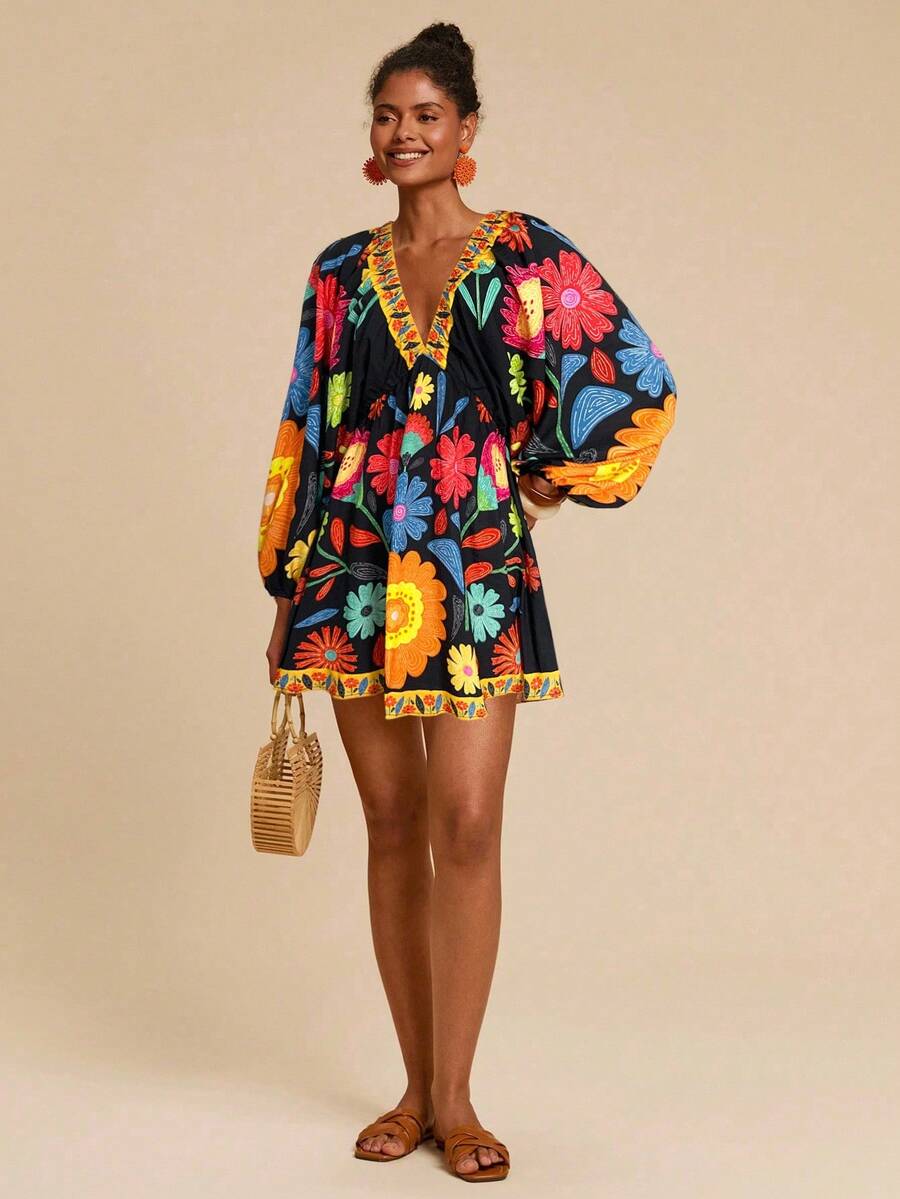 Embrace effortless elegance with this floral print V-neck mini dress, designed for the modern bohemian. Featuring batwing sleeves, a flattering A-line silhouette, and delicate ruffle hem detailing, this piece transitions seamlessly from beach days to vacation getaways. The contrast lace and knot accents add visual interest, while the natural waistline creates a refined fit. Crafted from a breathable 95% polyester and 5% elastane blend, this woven fabric dress offers comfort without compromise. 