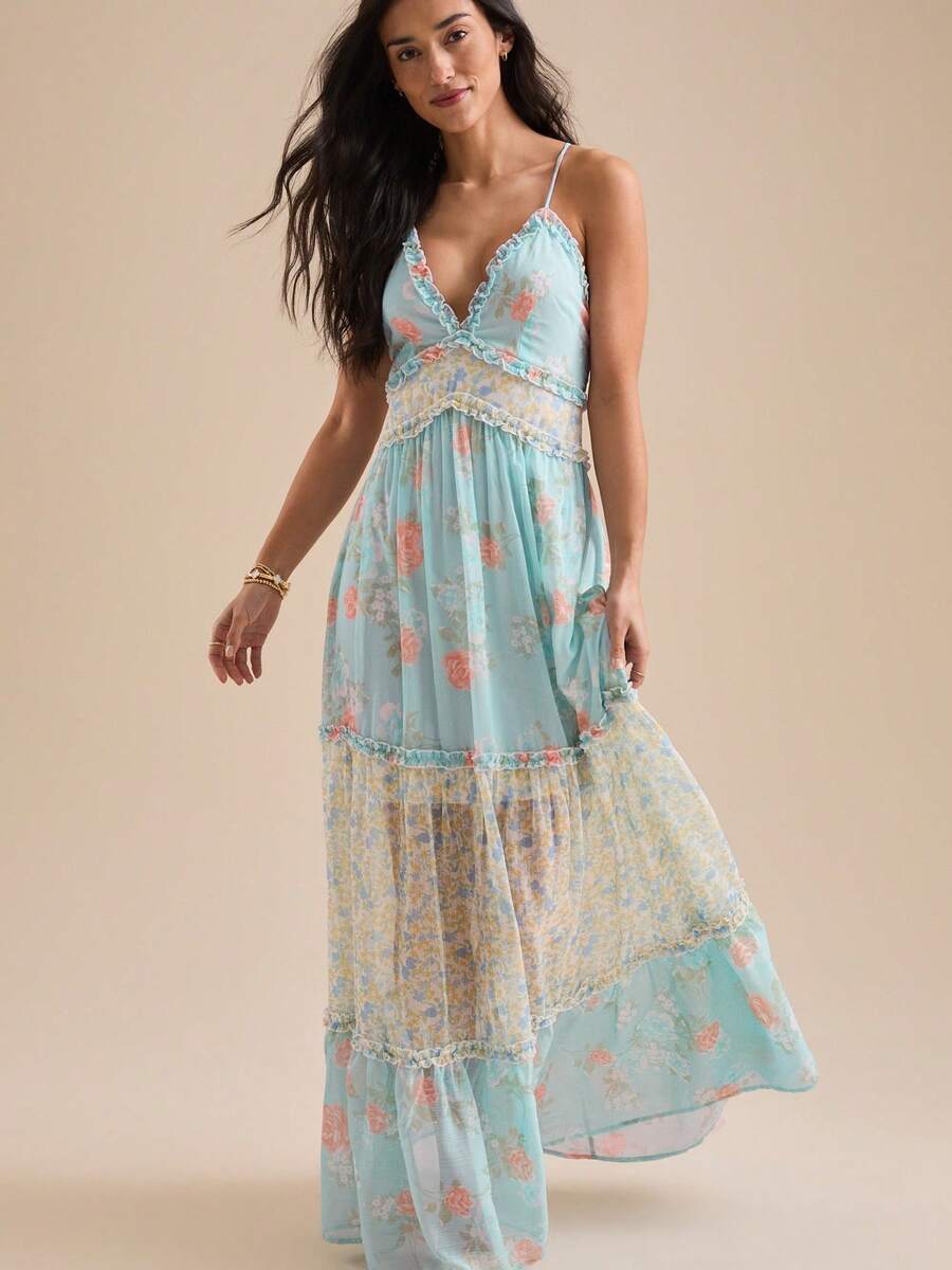 Pink floral print V-neck maxi dress with tiered A-line skirt