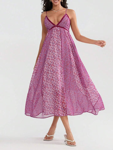 Pink floral smocked backless maxi sundress with spaghetti straps