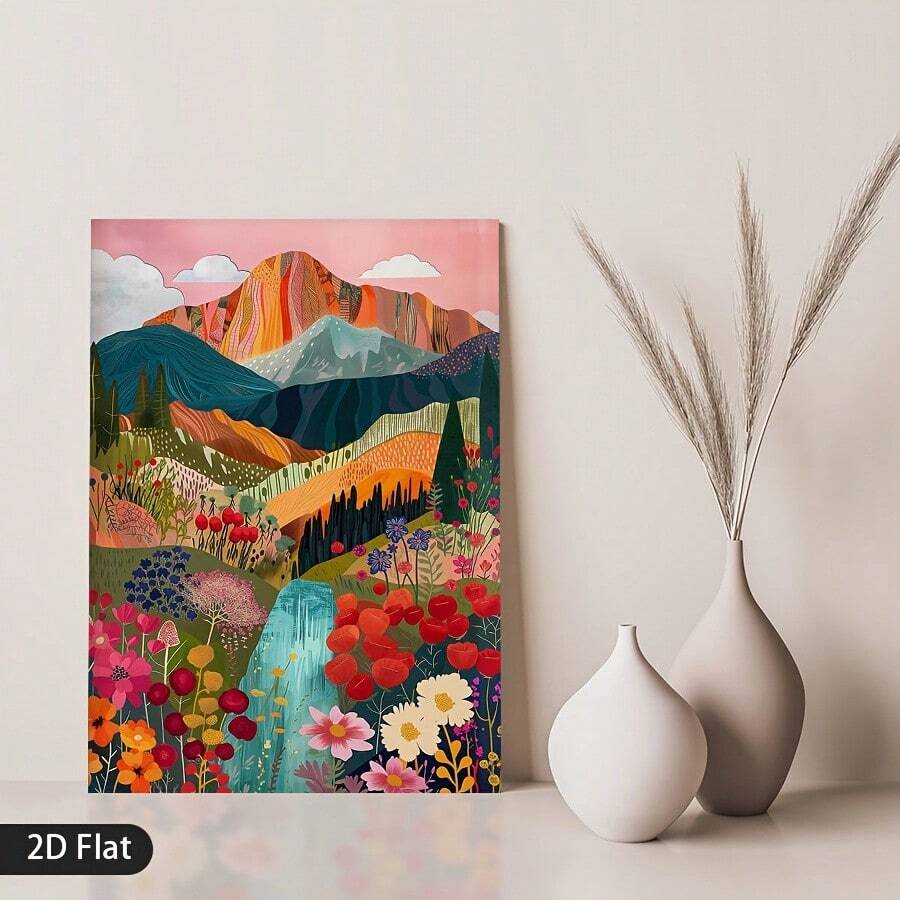 Colorful mountain garden canvas wall art styled on console with vases