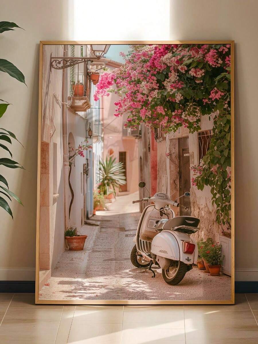 Framed Mediterranean canvas wall art with white vintage scooter, pink bougainvillea, and pastel Italian lane