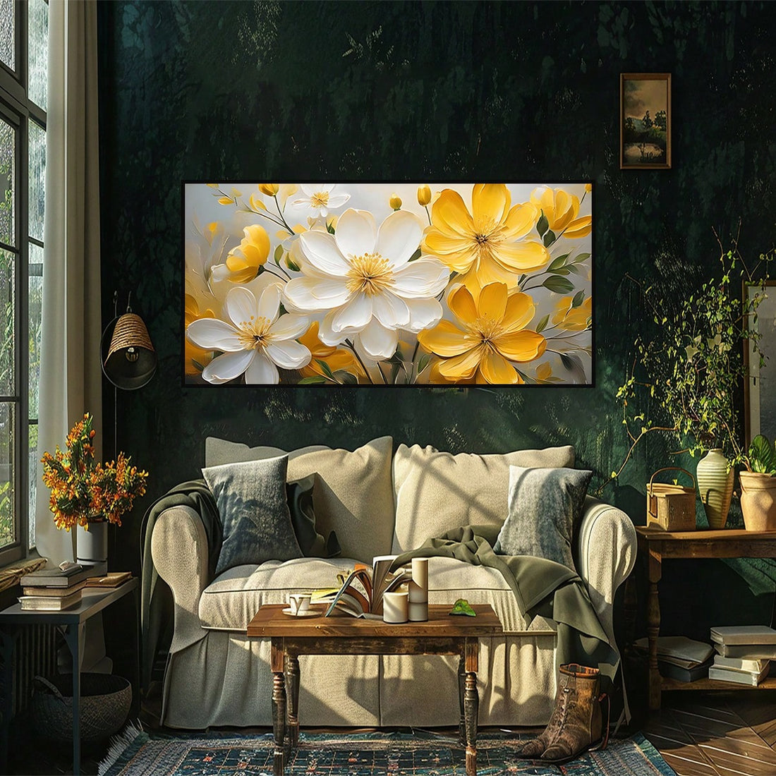 Add a pop of color to your modern living room or bedroom with this framed yellow and white floral canvas art. The perfect addition to your home decor, this art piece will add a touch of whimsy and charm.