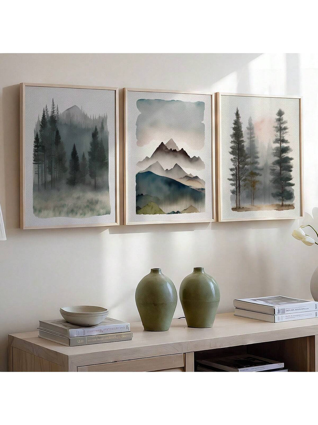 Bring the great outdoors inside with this playful 3-piece watercolor set showcasing misty mountains and lush forests. Frameless for a modern vibe, these prints add a splash of nature’s charm to your living room or bedroom. They’re perfect for sparking daydreams of adventure while keeping your space fresh and stylish.