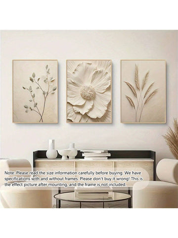 Spruce up your living room with this 3-piece set of modern, frameless beige botanical canvas wall art. Transform your space into a tranquil oasis with these beautiful prints.