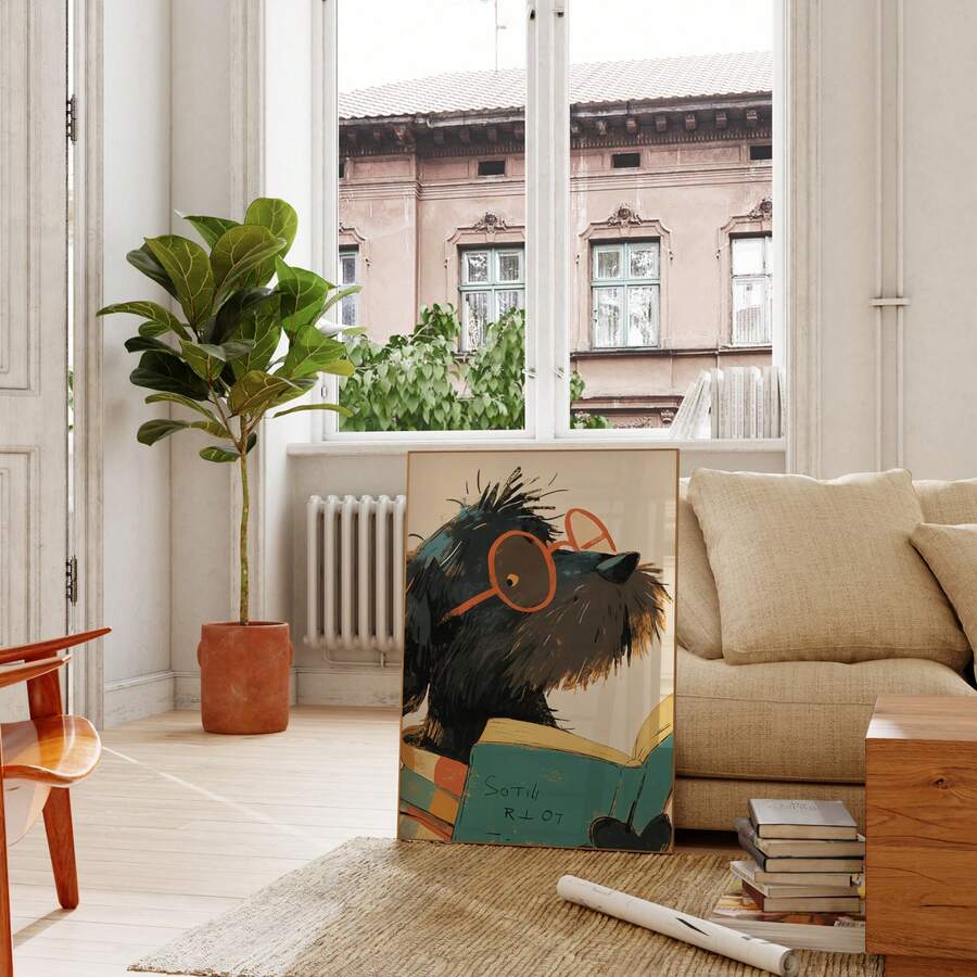 Cute black dog reading teal book wall art in light wood frame mockup