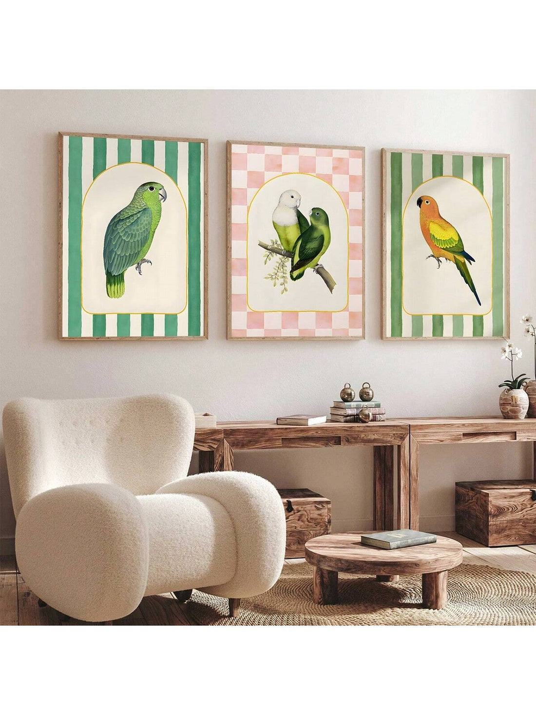 Bring a splash of tropical charm to your space with this Frameless Green Striped Parrot Canvas Set. Featuring minimalist, eye-catching bird designs, it adds a quirky yet stylish touch that brightens any room. Lightweight and easy to hang, these canvases create a fresh, playful vibe perfect for art lovers who enjoy a pop of nature-inspired décor.