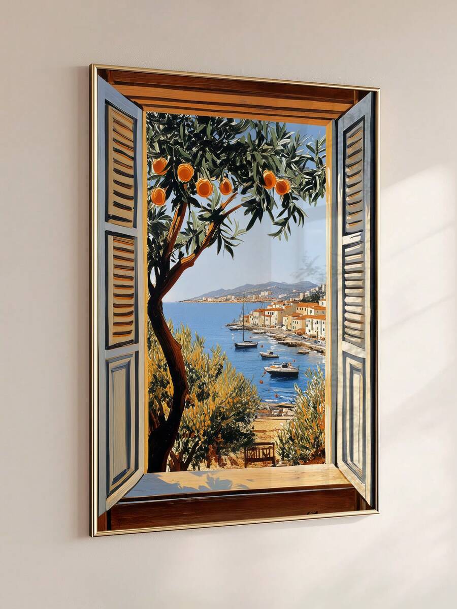 Mediterranean open window coastal wall art in slim gold frame