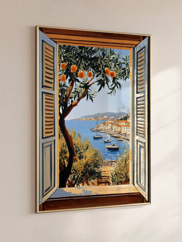 Mediterranean open window coastal wall art in slim gold frame