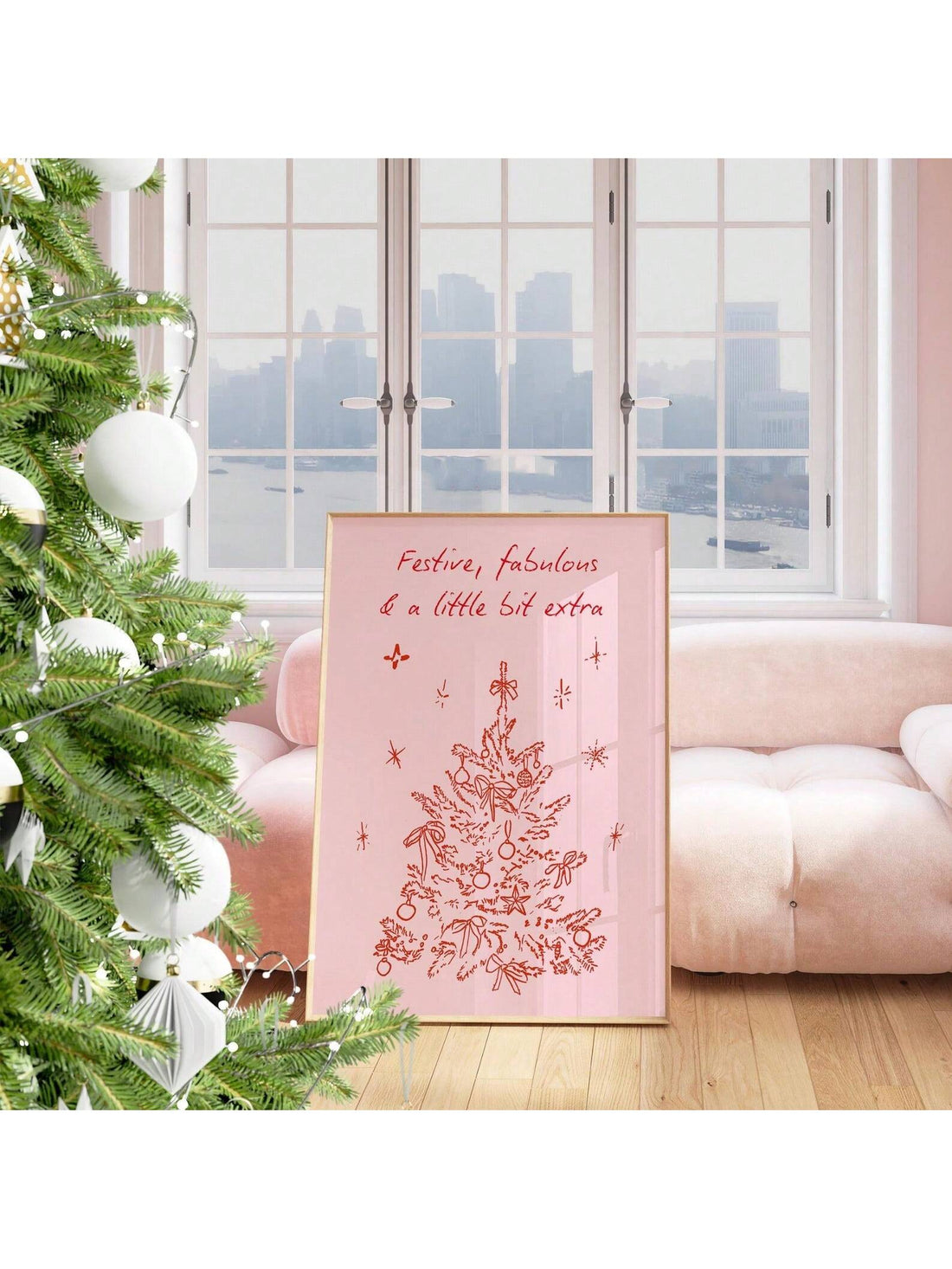 Bring festive cheer to any space with this charming pink Christmas tree wall art print! Featuring a whimsical vintage aesthetic adorned with twinkling stars, this frameless design adds a cozy holiday touch to bedrooms, dorms, living rooms, or offices. Perfect for those who love a softer, more nostalgic take on seasonal decor, it's an easy way to spread Christmas spirit without the commitment of traditional decorations. Hang it solo for subtle elegance or pair it with other prints for a gallery wall moment. 
