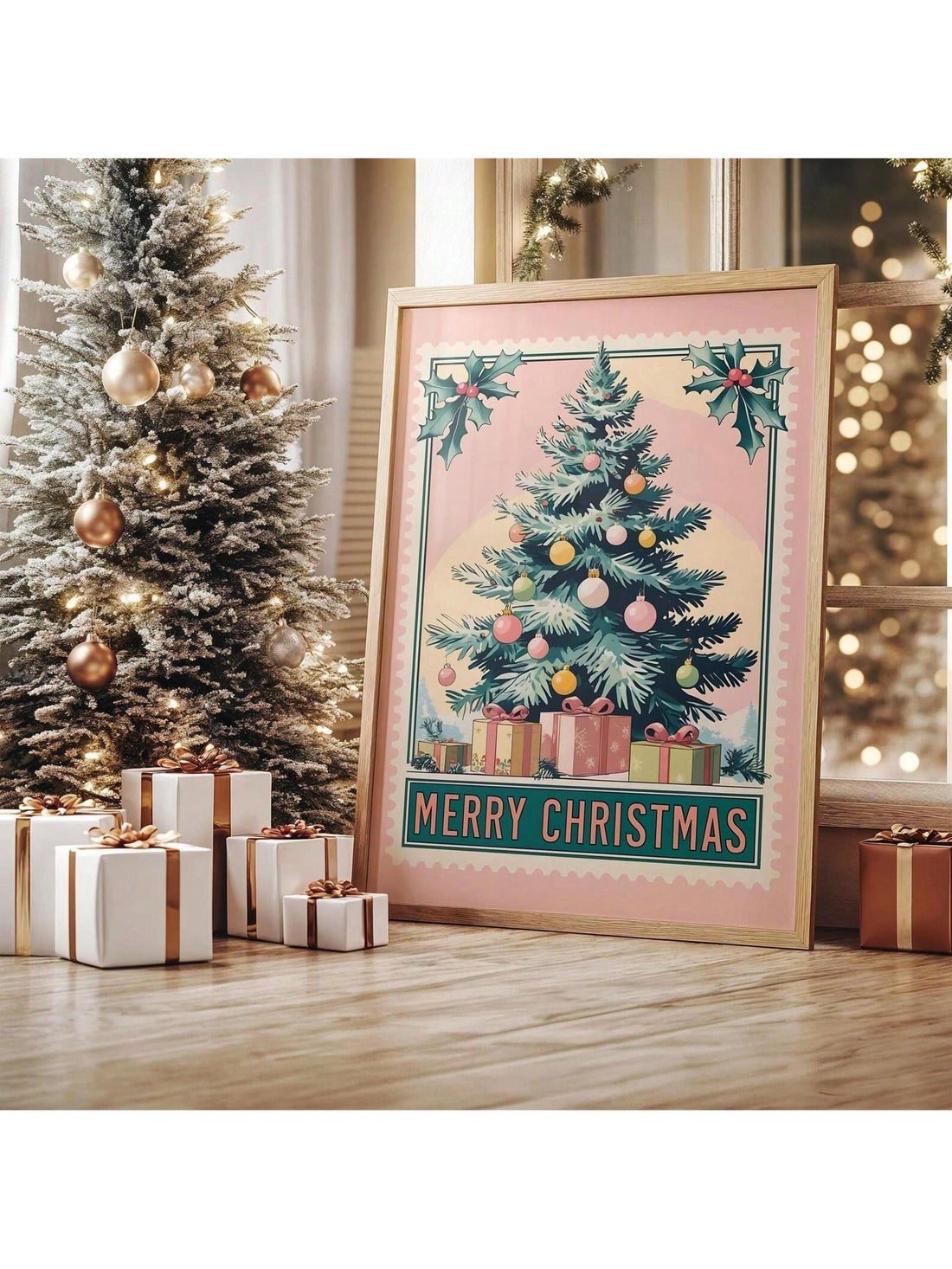 Transform your holiday space with this charming frameless pink vintage Christmas wall art. Featuring soft pastel tones and retro-inspired design, it brings nostalgic mid-century flair to any room. Perfect for creating a cozy, whimsical festive atmosphere without the commitment of framing. Hang it solo for subtle seasonal charm or pair it with complementary pieces for maximum holiday magic. A delightful way to celebrate the season with vintage-modern style.