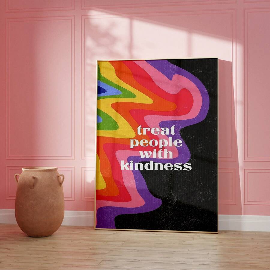 Treat People With Kindness rainbow quote poster in gold frame mockup