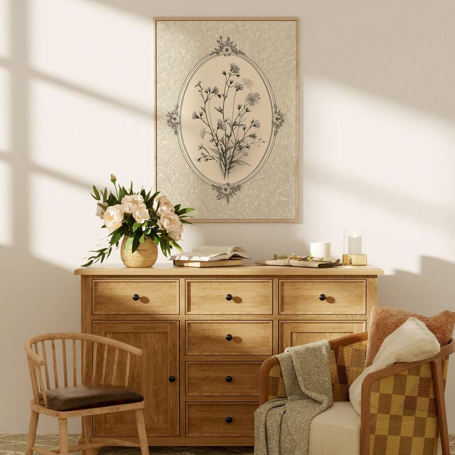 Vintage wildflower botanical art print in light wood frame