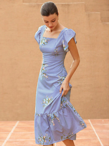 Feel effortlessly chic in our French Elegant Maxi Dress! The V-neck and sleeveless design adds a touch of elegance while the ruffle flounce and striped floral patchwork bring a playful twist. With a cinched waist to flatter your figure, this dress is perfect for any occasion.