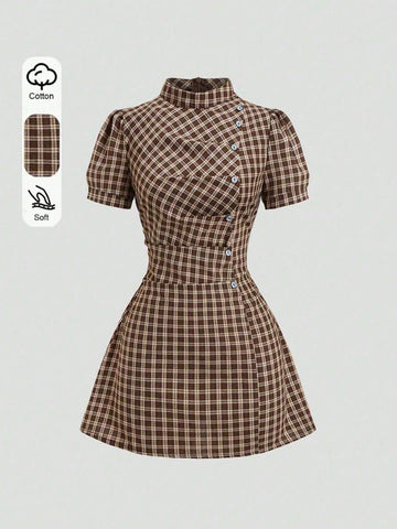Front view of brown plaid puff-sleeve mini dress with diagonal buttons and flared skirt