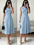 Full front views of powder blue sleeveless blazer midi dress styled with handbags for office wear