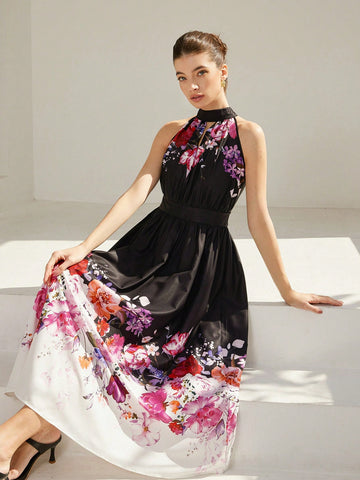 This A-line dress is as versatile as it is stylish - perfect for your next vacation! With a French-inspired floral print and halter neckline, it's sure to turn heads. Made for the playful and fun-loving fashionista who loves to stand out (in a good way, of course).