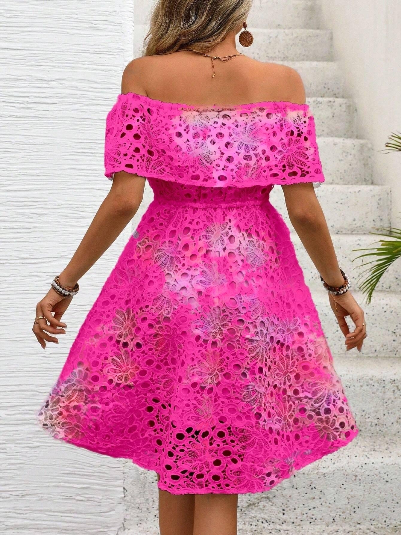 Discover elegance and sophistication with our Elegance in Lace dress. Featuring a Frenchy inspired design, this dress showcases a solid color and off-shoulder neckline, making it perfect for vacation and casual wear. The intricate lace detailing adds a touch of femininity and charm, making you stand out in any crowd.