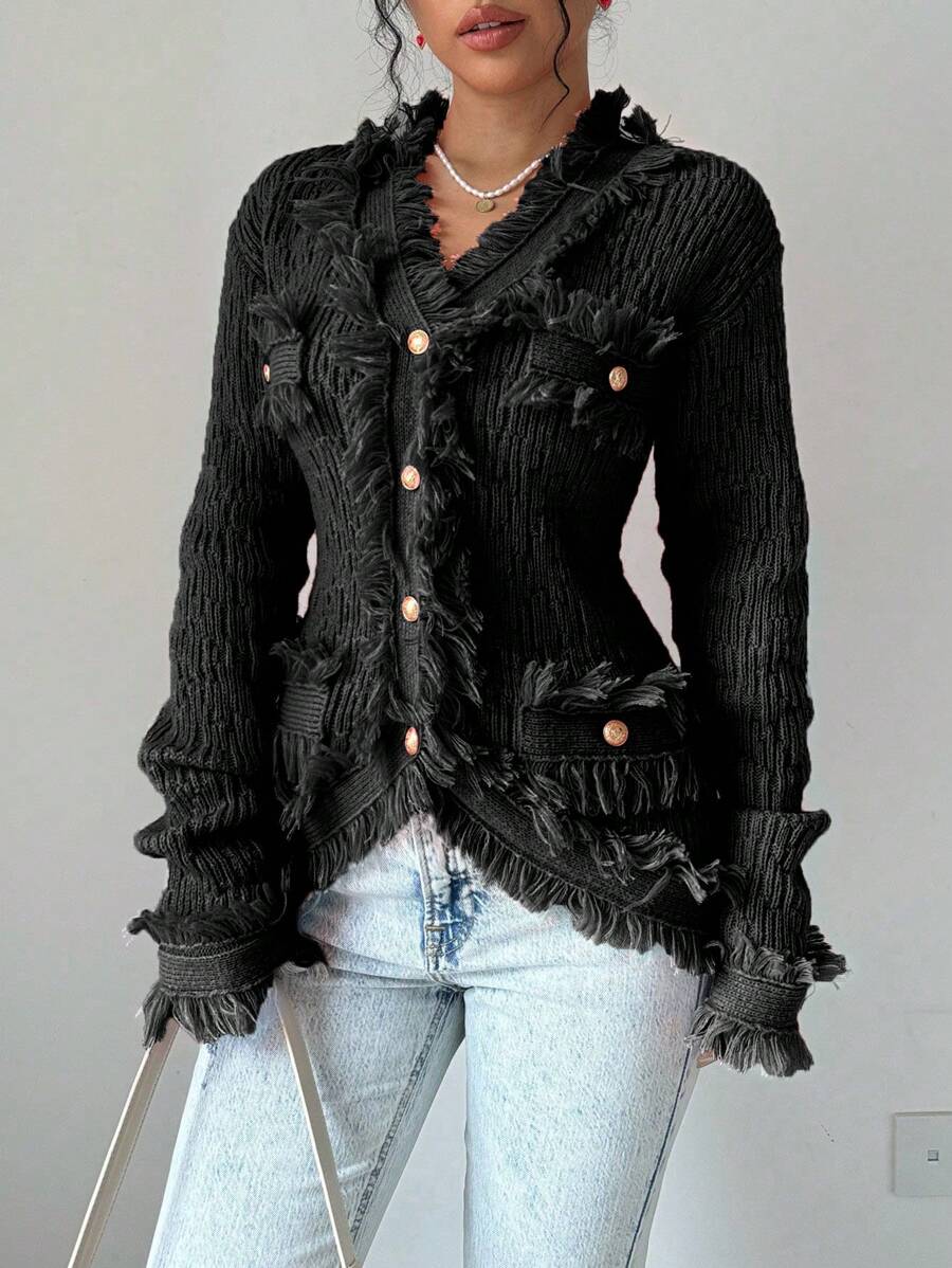 Elevate your layering essentials with this Fringe Trim Cardigan for Women, designed with a classic button-front closure and stylish fringe detailing for a chic, boho-inspired look. Crafted from soft knit fabric, this long sleeve sweater offers cozy warmth without sacrificing comfort. Its relaxed fit makes it easy to layer over camisoles, tees, dresses, or blouses for effortless everyday style.