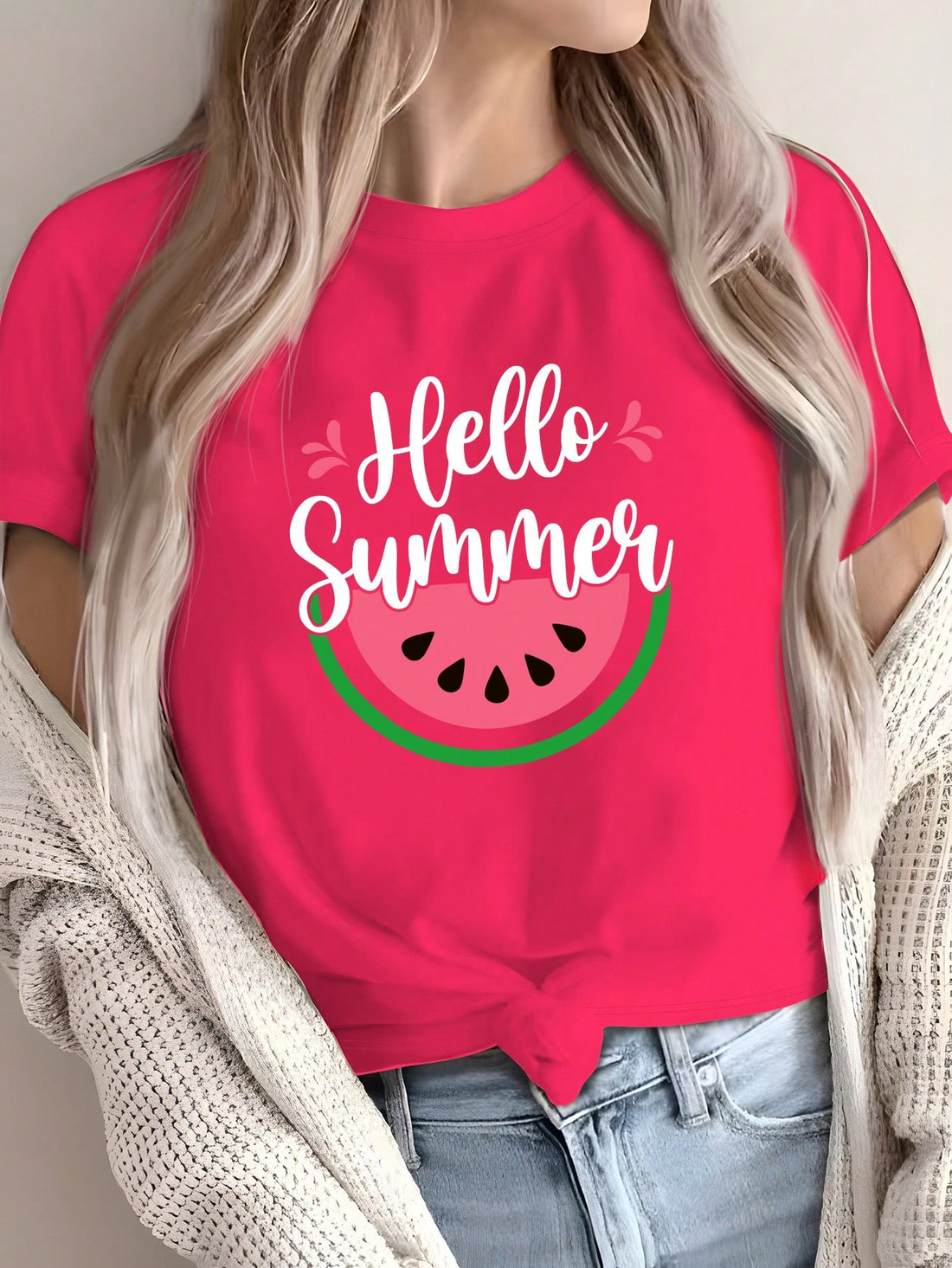 Add some fruity fun to your wardrobe with our Fun & Trendy Watermelon Print Summer T-Shirt for Women! Perfect for any summer day or New Year celebration, this t-shirt will have you feeling cool and confident. With its trendy watermelon print, you'll be sure to stand out in style. (Get it? "Stand out"? Like a tall watermelon? Okay, we'll see ourselves out now.)