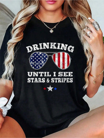 Celebrate Independence Day with a playful twist in this comfy cotton tee! Featuring the cheeky slogan "Drinking Until I See Stars and Stripes," it’s perfect for adding fun to your summer festivities. Lightweight and breathable, this top keeps you cool while you enjoy the party, making it a must-have for any 4th of July celebration.