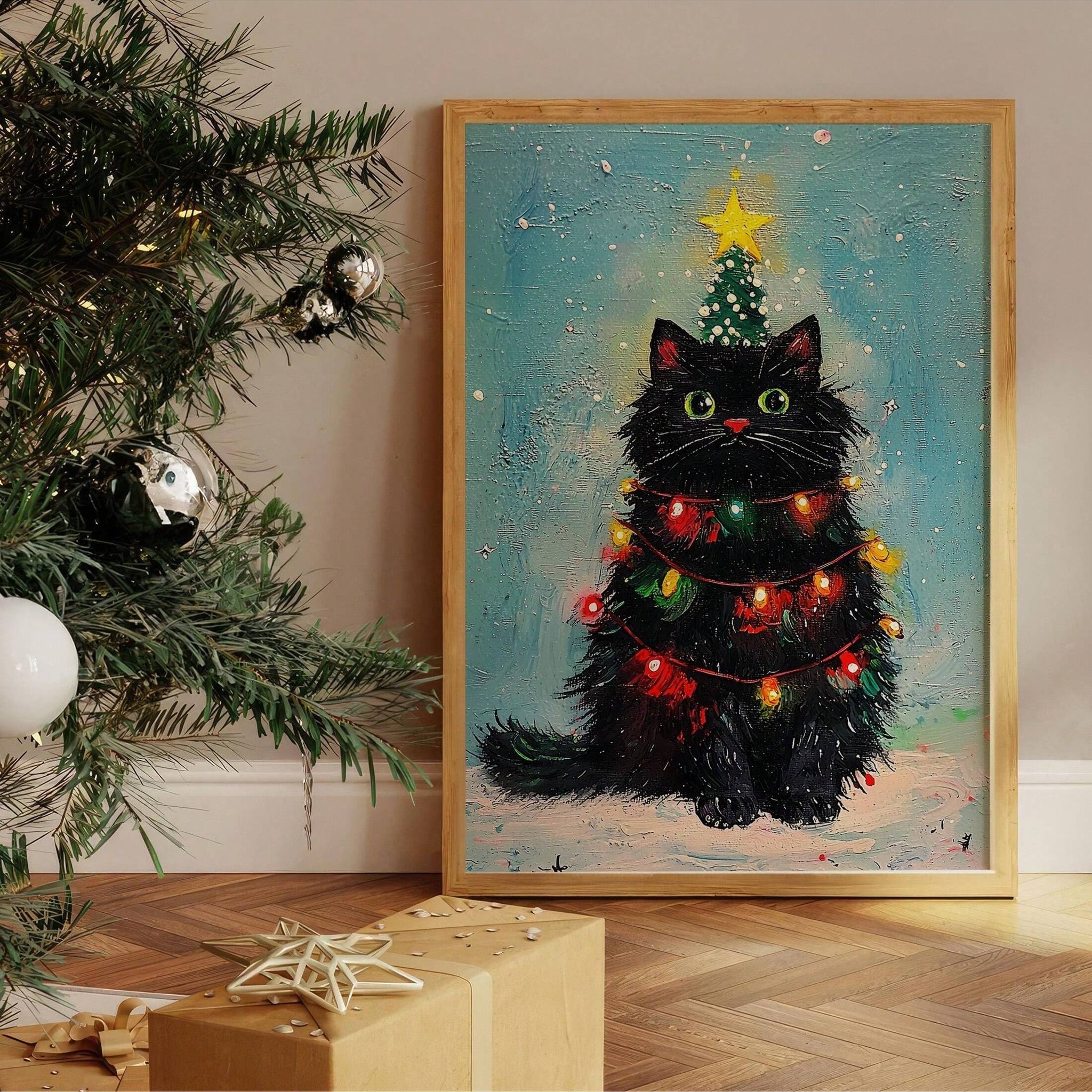 Add a dash of holiday humor with this Funny Black Cat Christmas Canvas Wall Art. Perfect for cat lovers and festive decorators alike, this playful piece brings a charming, cheeky vibe to your home during the most wonderful time of the year. Its bold design and festive spirit make it a delightful conversation starter and a fun way to celebrate the season with a feline twist.