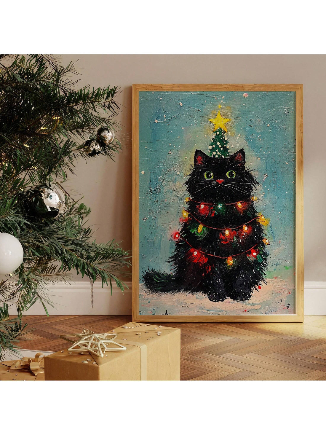 Add a dash of holiday humor with this Funny Black Cat Christmas Canvas Wall Art. Perfect for cat lovers and festive decorators alike, this playful piece brings a charming, cheeky vibe to your home during the most wonderful time of the year. Its bold design and festive spirit make it a delightful conversation starter and a fun way to celebrate the season with a feline twist.
