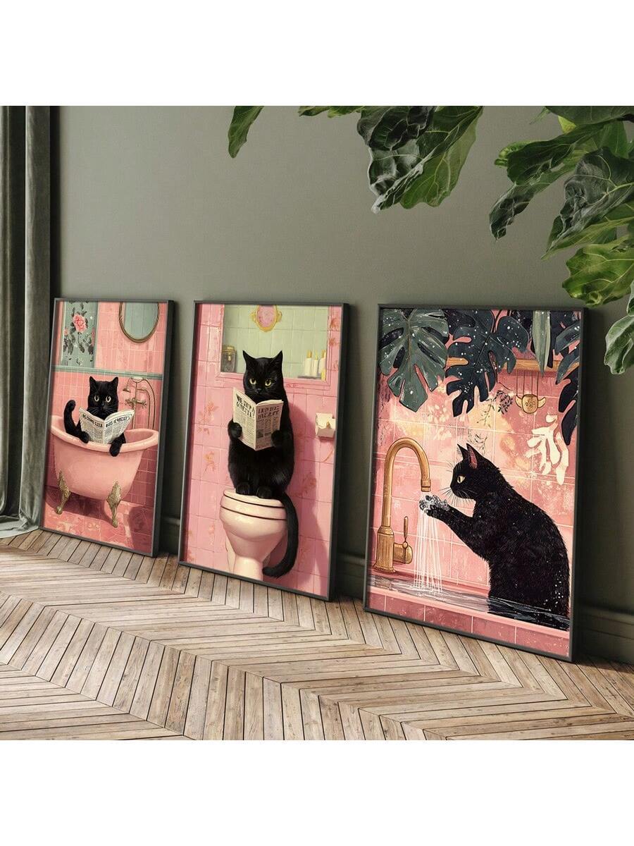 Add a touch of whimsy to your bathroom with this Funny Black Cat Wall Art Set. Featuring vintage-style animal canvas prints, these playful black cat illustrations bring charm and a dash of humor to your space. Perfect for cat lovers looking to brighten up their decor with a quirky, lighthearted vibe.