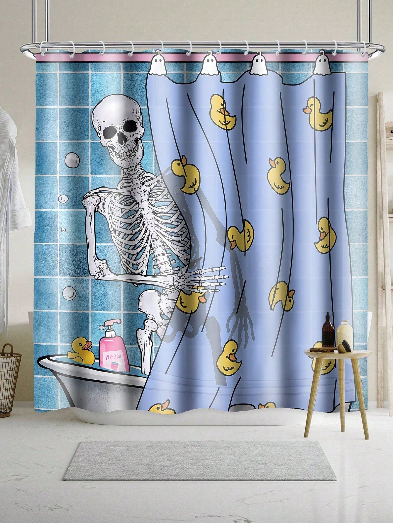Add a spooky twist to your bathroom with this Funny Blue Skull Shower Curtain Set. Featuring bold blue skulls with a playful gothic vibe, it brings a fun, eerie charm to your space. Durable and easy to clean, this set transforms your shower into a quirky horror haven that’s sure to make guests smile. Perfect for those who love a mix of humor and dark decor!