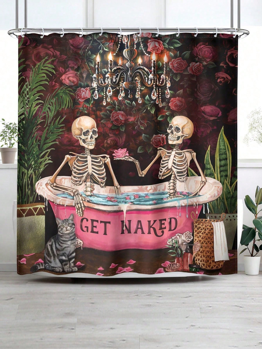 Add a splash of dark romance to your bathroom with this Funny Dark Pink Gothic Rose Skull Shower Curtain. Waterproof and durable, it features a striking skull entwined with gothic roses in vibrant dark pink hues. Complete with 12 sturdy hooks, it’s easy to hang and brings a playful yet edgy vibe to your space. Perfect for those who love a mix of spooky and stylish in their home decor.