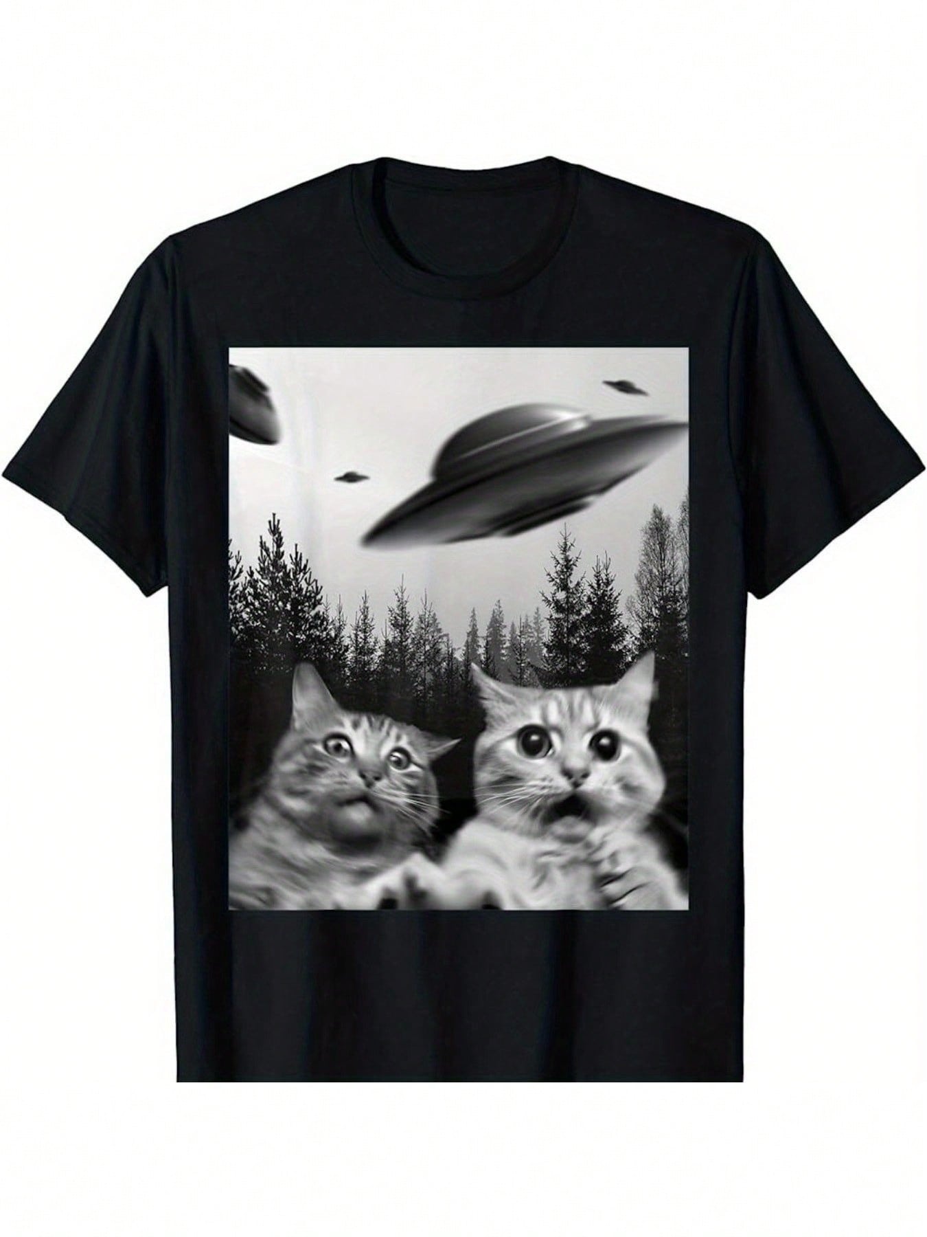 Show off your love for cats and a touch of the extraterrestrial with this Funny Duo Cats Selfie T-Shirt. Made from soft cotton, it features two quirky cats snapping a selfie alongside a playful UFO design. Perfect for cat lovers who enjoy a bit of cosmic humor, this tee adds fun and comfort to your everyday wardrobe.