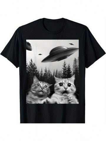 Show off your love for cats and a touch of the extraterrestrial with this Funny Duo Cats Selfie T-Shirt. Made from soft cotton, it features two quirky cats snapping a selfie alongside a playful UFO design. Perfect for cat lovers who enjoy a bit of cosmic humor, this tee adds fun and comfort to your everyday wardrobe.
