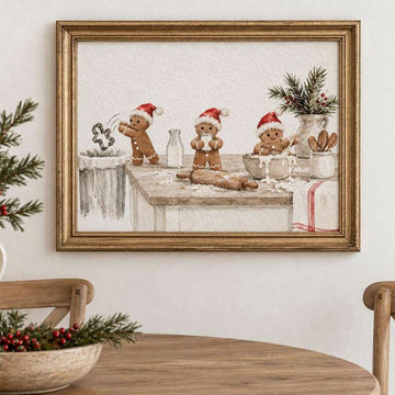 Brighten your holiday kitchen with funny gingerbread Christmas wall art, a vintage inspired canvas print for festive baking spaces and cozy farmhouse decor.