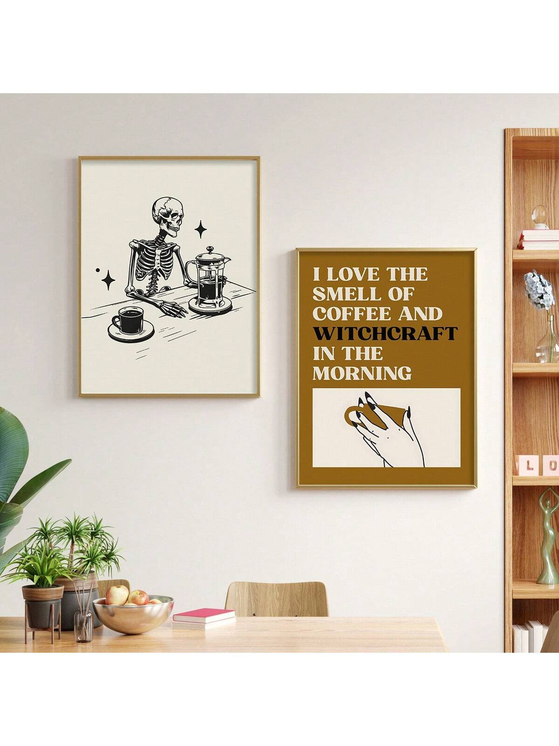 Introducing our Funny Halloween Coffee Wall Art Set, the perfect addition to your coffee bar this spooky season. These witty and whimsical prints will bring a touch of fun to your decor while also adding a festive Halloween vibe. Elevate your coffee experience with this spooky set.