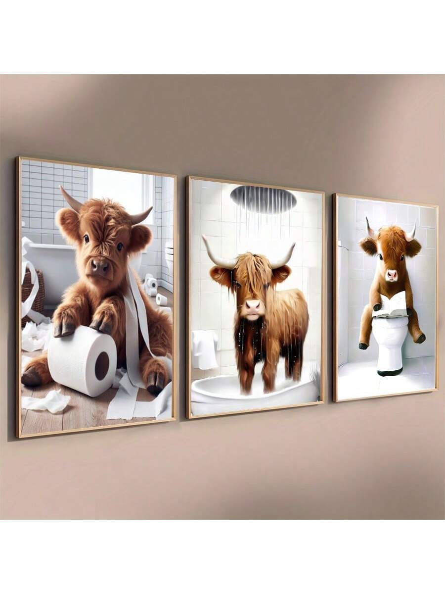 Add a touch of whimsy to your bathroom with this set of canvas posters featuring funny and lovable Scottish Highland cows. Perfect for animal lovers, these posters are sure to make you smile every time you enter your bathroom. With professional quality and a playful aesthetic, they are a unique addition to any space.