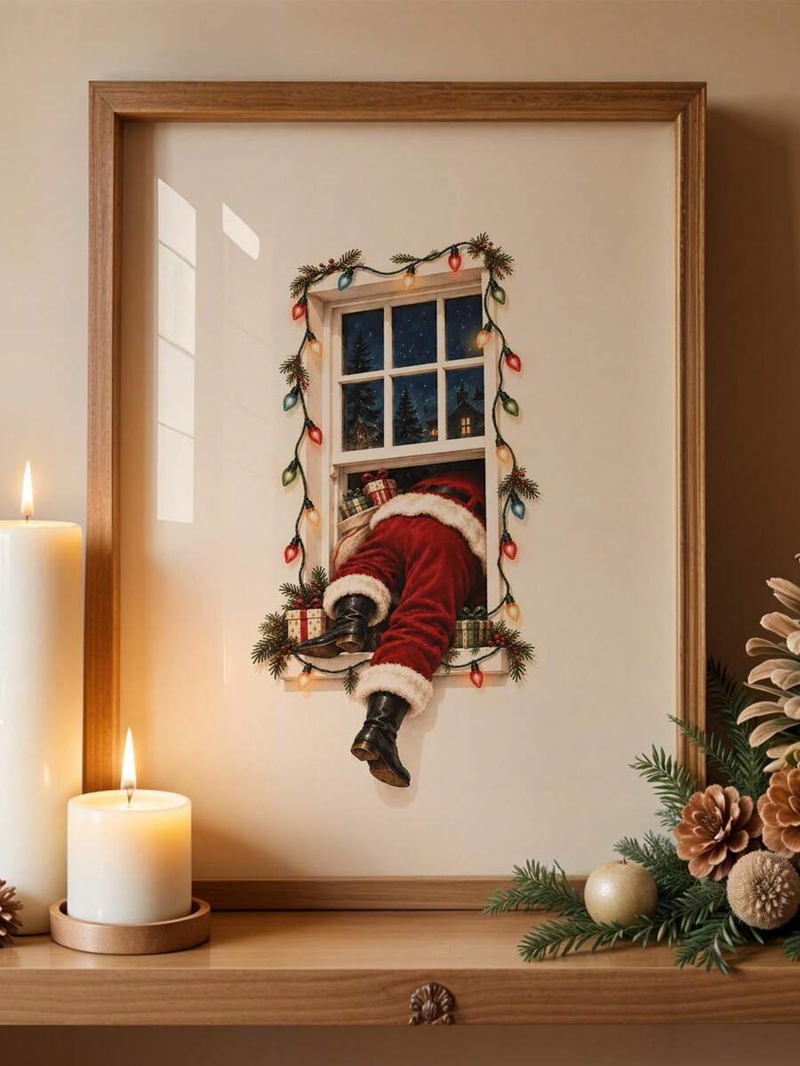 Framed canvas print of Santa climbing through a light-wrapped Christmas window on a console
