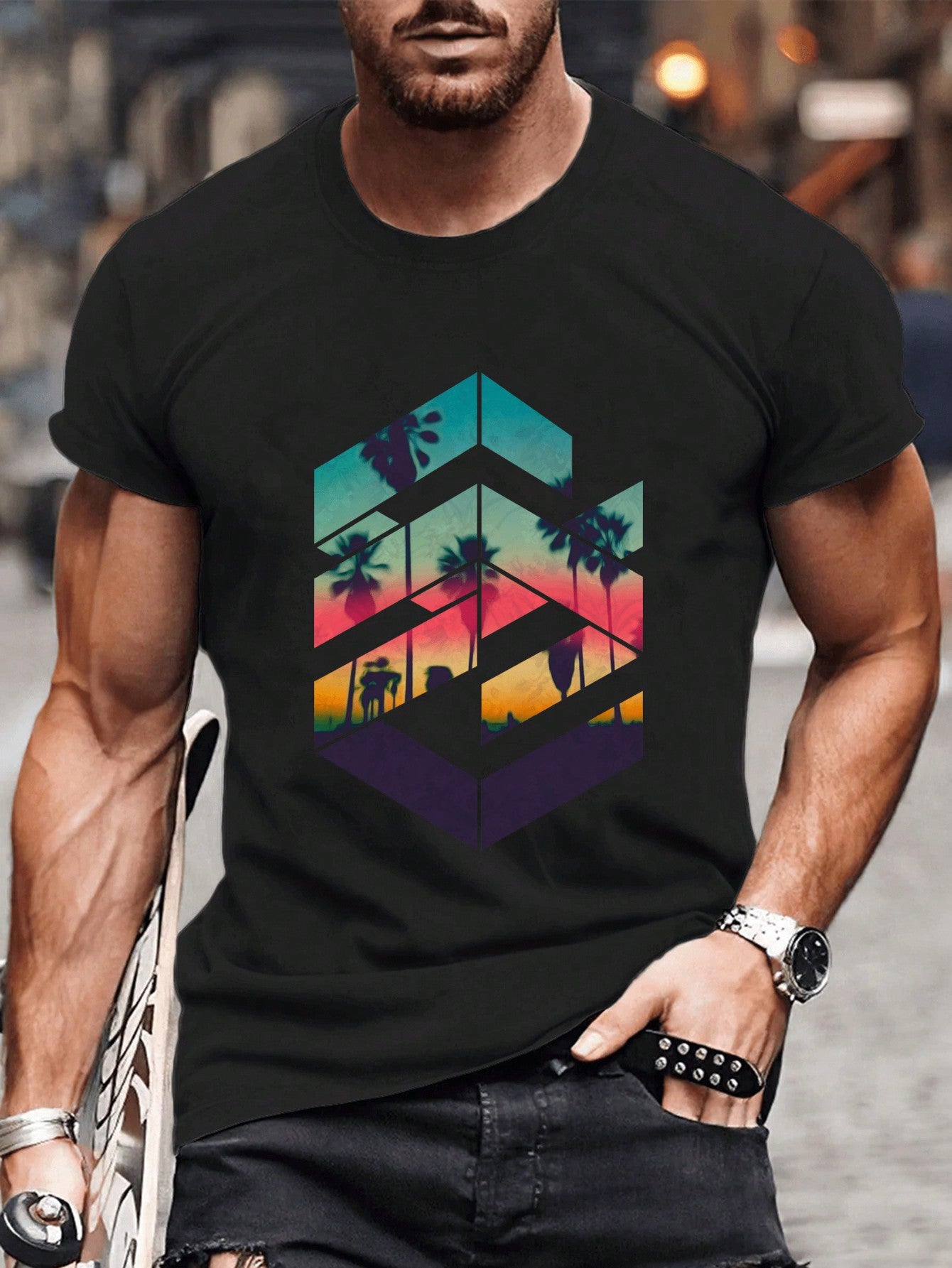 Add some fun to your wardrobe with our Geometric Sunset Beach Men's T-Shirt! Featuring a stylish graphic of a sunset over a beach, this shirt will give you coastal vibes wherever you go. The geometric design adds a unique touch and is sure to turn heads (and start conversations). Don't miss out on this quirky, playful piece!