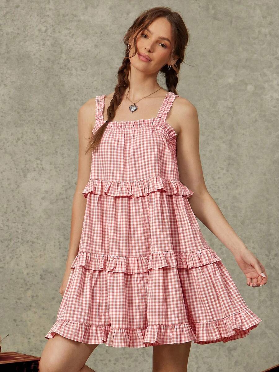 Sage green gingham seersucker babydoll mini dress front view