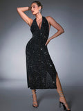 Turn heads and light up the night in this glamorous backless sequin halter dress. The shimmering sequins catch every ray of light, while the daring split adds a flirty edge to your evening look. Perfect for dancing the night away or making an unforgettable entrance, this dress blends sparkle and sass effortlessly. Get ready to shine and steal the spotlight!